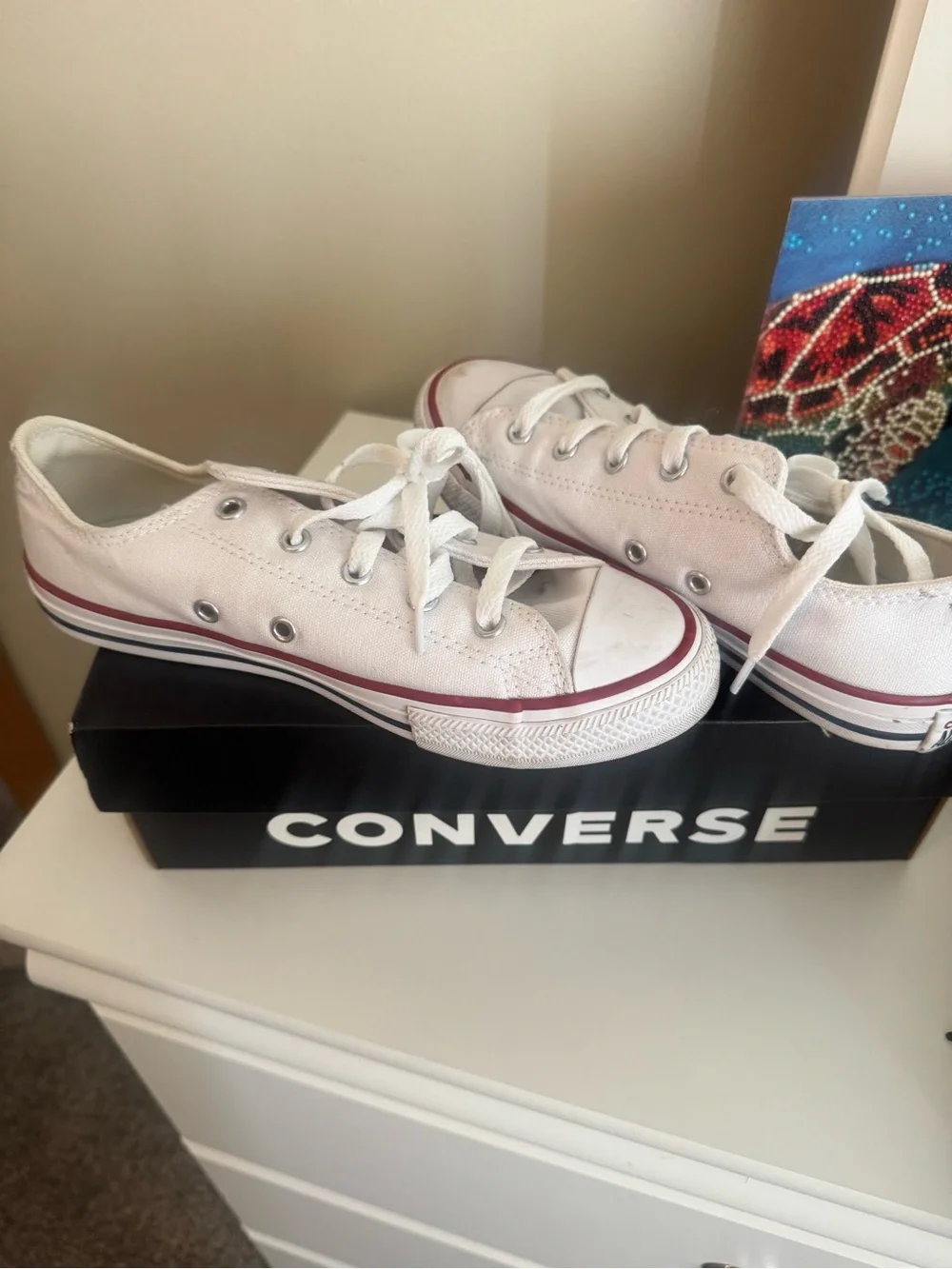 Converse White Low Top Canvas Sneakers with Red Stripe
